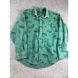 VINTAGE Eddie Bauer Shirt Mens Green All Over Print Fishing Outdoor Button Up XL